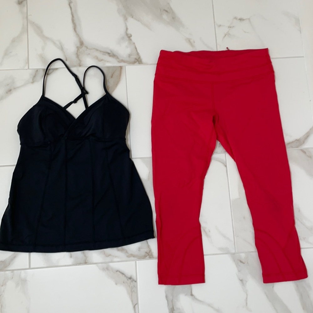 Lululemon black adj strap top & red leggings